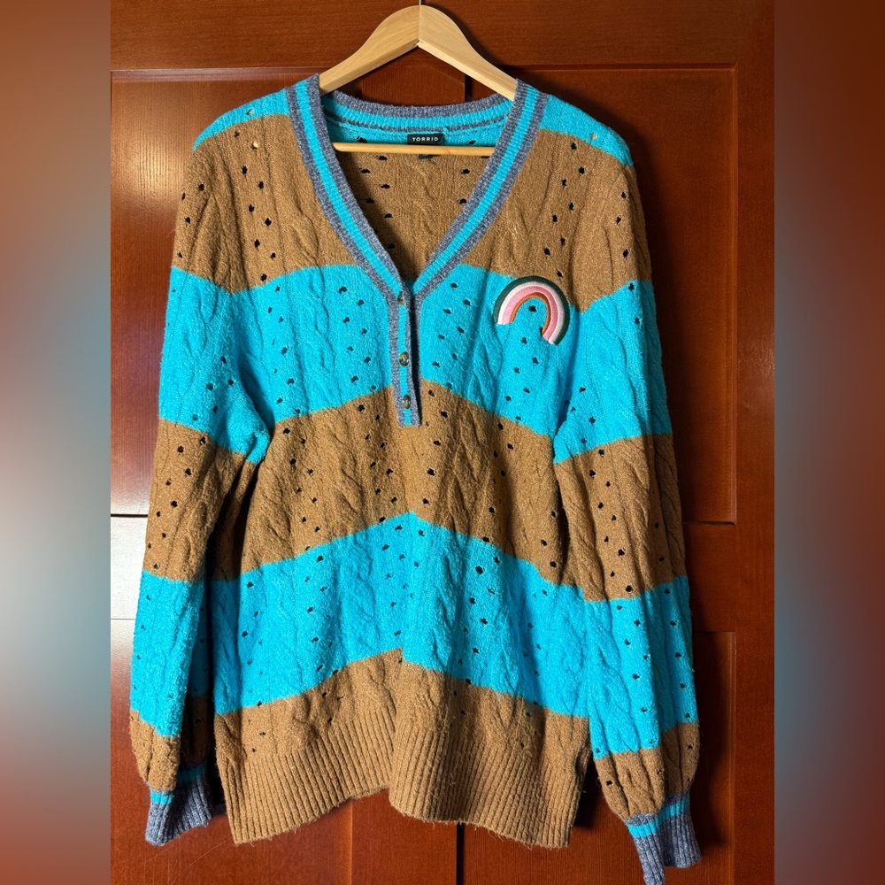 Torrid V-Neck Striped Sweater With Rainbow Embroidery Size 2X